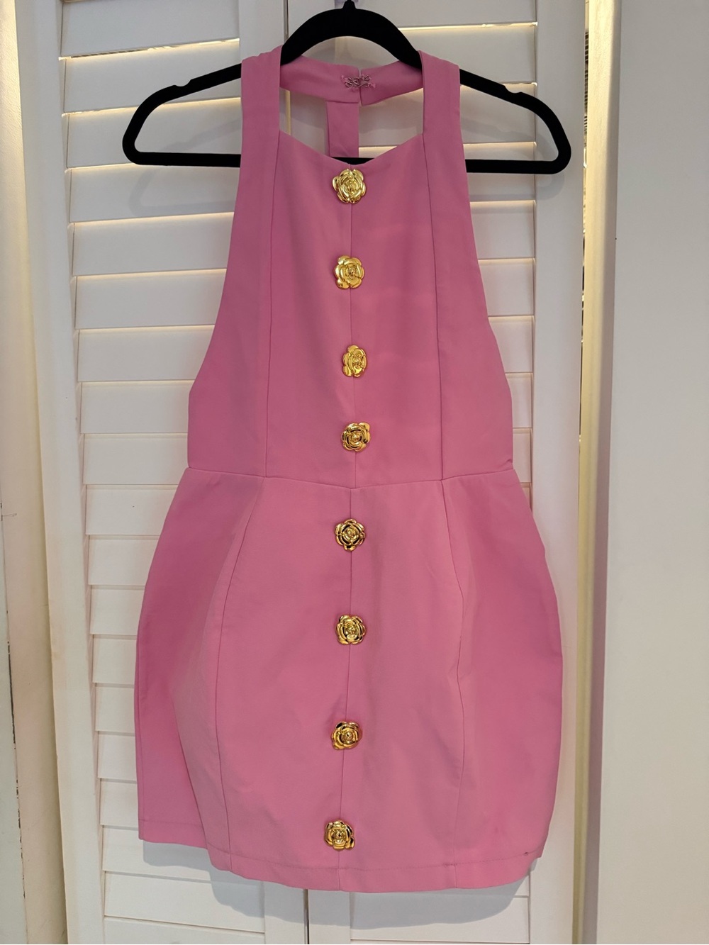 Backless Pink Mini Dress with Gold Rose Buttons